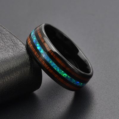 8mm Black Tungsten Ring with Wood and Blue Opal Inlay Unisex Wedding Engagement Promise Anniversary Gift
