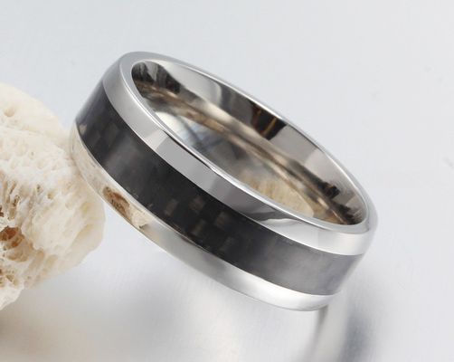 8mm Stainless Steel Carbon Fiber Inlay Wedding Band Polished For Men And Women