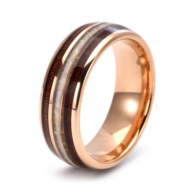 TRENDY 8mm Tungsten Wedding Band with White Fire Opal and Koa Wood Inlay Men's Dome Style Rose Gold Plated Ring