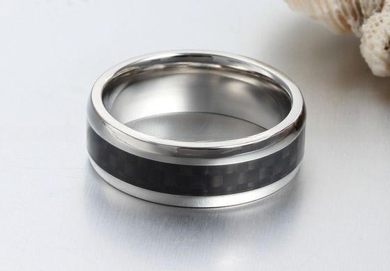 8mm Stainless Steel Carbon Fiber Inlay Wedding Band Polished For Men And Women