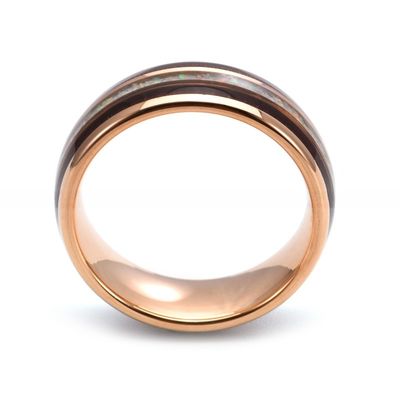 TRENDY 8mm Tungsten Wedding Band with White Fire Opal and Koa Wood Inlay Men's Dome Style Rose Gold Plated Ring