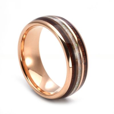 TRENDY 8mm Tungsten Wedding Band with White Fire Opal and Koa Wood Inlay Men's Dome Style Rose Gold Plated Ring
