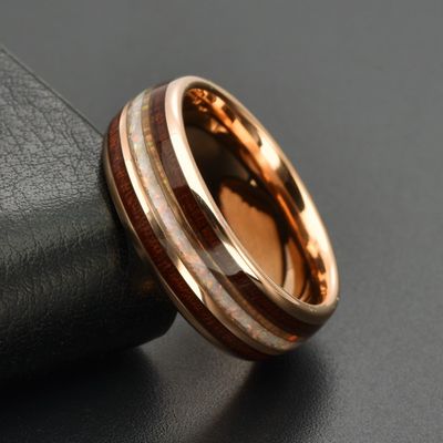 TRENDY 8mm Tungsten Wedding Band with White Fire Opal and Koa Wood Inlay Men's Dome Style Rose Gold Plated Ring