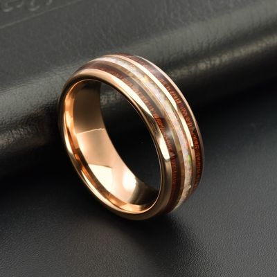 TRENDY 8mm Tungsten Wedding Band with White Fire Opal and Koa Wood Inlay Men's Dome Style Rose Gold Plated Ring