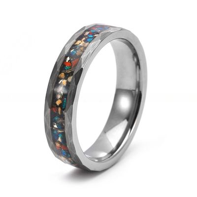 Third Party Appraisal Dinosaur Bone Meteorite Inlay Tungsten Carbide Ring 8mm Silver Hammered Mens Fashion Wedding Ring