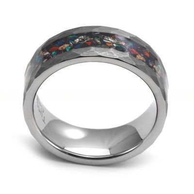 Third Party Appraisal Dinosaur Bone Meteorite Inlay Tungsten Carbide Ring 8mm Silver Hammered Mens Fashion Wedding Ring
