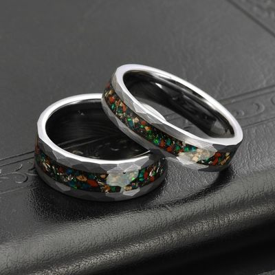 Third Party Appraisal Dinosaur Bone Meteorite Inlay Tungsten Carbide Ring 8mm Silver Hammered Mens Fashion Wedding Ring