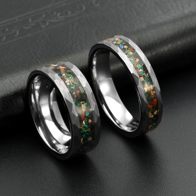 Third Party Appraisal Dinosaur Bone Meteorite Inlay Tungsten Carbide Ring 8mm Silver Hammered Mens Fashion Wedding Ring