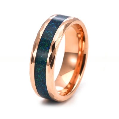 8mm Mens Blue Opal Wedding Band Rose Gold Faceted Tungsten Crushed Colorful Opal Inlay Luxury Engagement Promise Ring