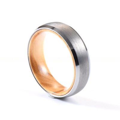 Geometric Wedding Bands 6mm Silver Tungsten Ring Inner Hole Inlaid Wood or Antler Brushed Beveled Edges for Anniversary