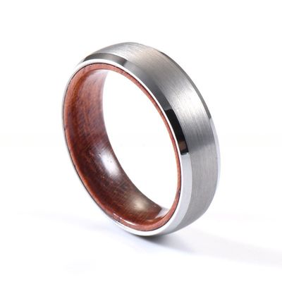 Geometric Wedding Bands 6mm Silver Tungsten Ring Inner Hole Inlaid Wood or Antler Brushed Beveled Edges for Anniversary