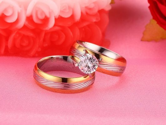 Couple Stainless Steel Wedding Band Set Yellow Gold Filled Round CZ for Women Men