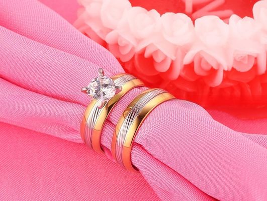Couple Stainless Steel Wedding Band Set Yellow Gold Filled Round CZ for Women Men