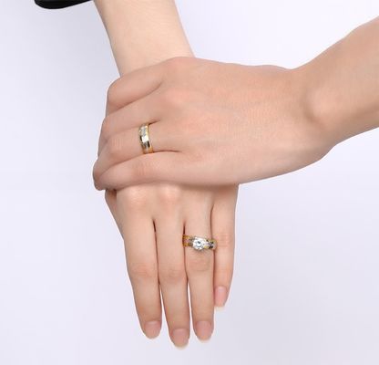 Couple Stainless Steel Wedding Band Set Yellow Gold Filled Round CZ for Women Men