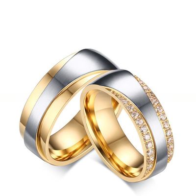Gift Bridal CZ Stainless Steel Wedding Ring Band Set White Gold Plated 7mm