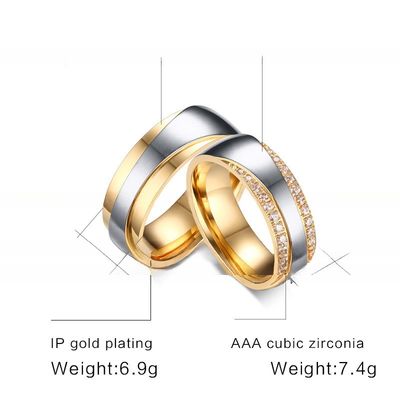 Gift Bridal CZ Stainless Steel Wedding Ring Band Set White Gold Plated 7mm