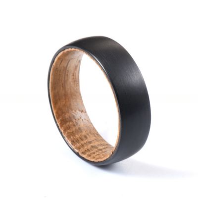 Men'S Wedding Black Tungsten Carbide Ring Whiskey Barrel Wood Insert Domed 8mm