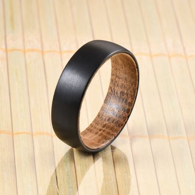 Men'S Wedding Black Tungsten Carbide Ring Whiskey Barrel Wood Insert Domed 8mm