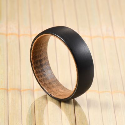 Men'S Wedding Black Tungsten Carbide Ring Whiskey Barrel Wood Insert Domed 8mm