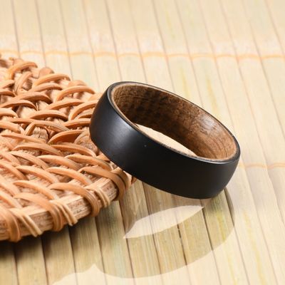 Men'S Wedding Black Tungsten Carbide Ring Whiskey Barrel Wood Insert Domed 8mm