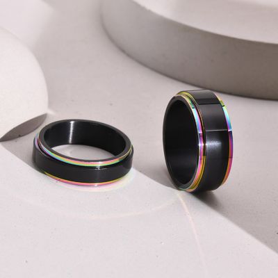 Black Rainbow Stainless Steel Worry Stress Relieve Ring Band Set With Channel Setting