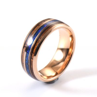 Rose Gold Plated Tungsten Carbide Ring with Koa Wood and Blue Opal Inlay Unisex 8mm Fashion Jewelry Wedding Bands Rings