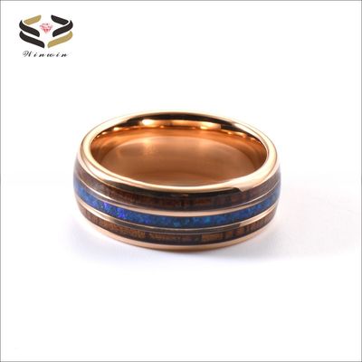 Rose Gold Plated Tungsten Carbide Ring with Koa Wood and Blue Opal Inlay Unisex 8mm Fashion Jewelry Wedding Bands Rings