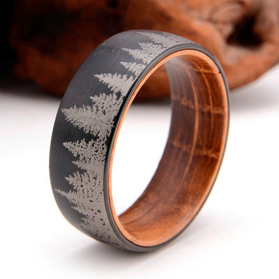 Black Forest Mountain Men'S Tungsten Wedding Band Diamond Shape 8mm With Whiskey Barrel Wood Liner