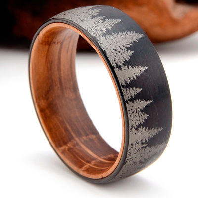Black Forest Mountain Men'S Tungsten Wedding Band Diamond Shape 8mm With Whiskey Barrel Wood Liner