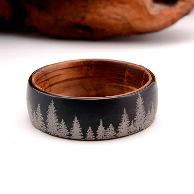 Black Forest Mountain Men'S Tungsten Wedding Band Diamond Shape 8mm With Whiskey Barrel Wood Liner