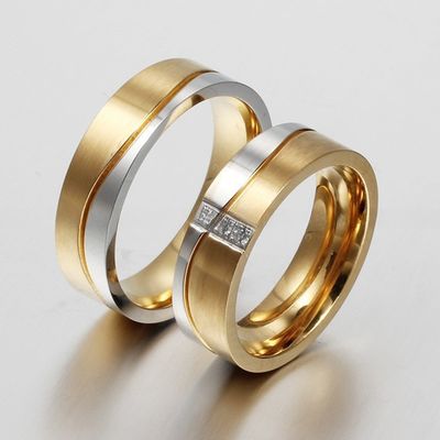 Engagement Wedding Rings Set 18K Gold Plated CZ Geometric Shape In Stainless Steel