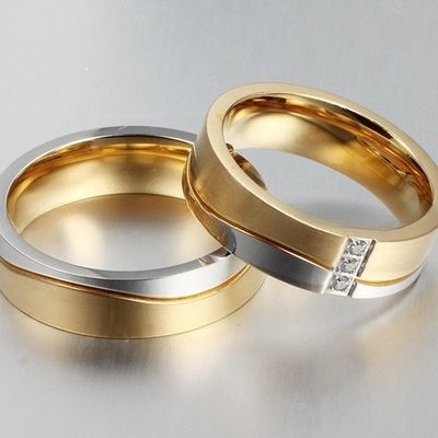 Engagement Wedding Rings Set 18K Gold Plated CZ Geometric Shape In Stainless Steel