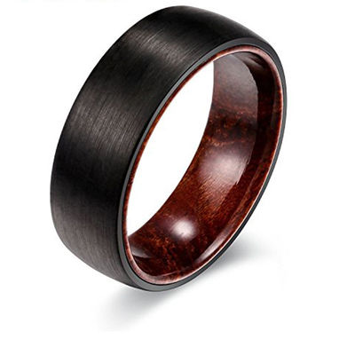 Mens Brushed Black Tungsten Wedding Ring Rosewood Inner 8mm With Invisible Setting