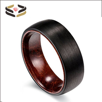 Mens Brushed Black Tungsten Wedding Ring Rosewood Inner 8mm With Invisible Setting