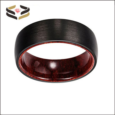Mens Brushed Black Tungsten Wedding Ring Rosewood Inner 8mm With Invisible Setting