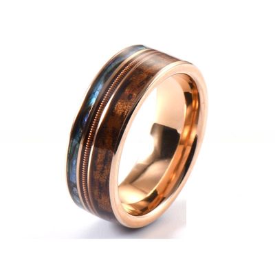 8mm Men Women Wedding Engagement Band with Rose Gold Guitar String Koa Wood and Abalone Shell Inlay Religious Type Other