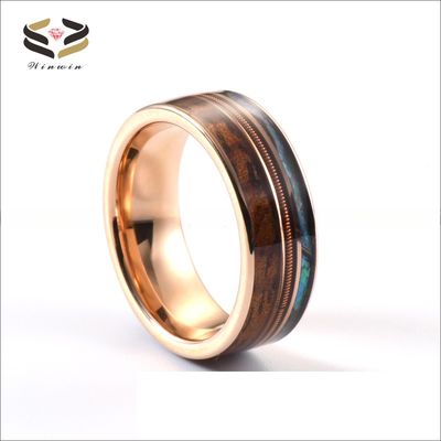 8mm Men Women Wedding Engagement Band with Rose Gold Guitar String Koa Wood and Abalone Shell Inlay Religious Type Other