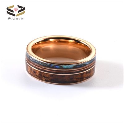 8mm Men Women Wedding Engagement Band with Rose Gold Guitar String Koa Wood and Abalone Shell Inlay Religious Type Other