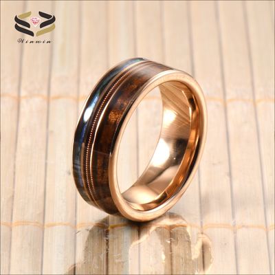 8mm Men Women Wedding Engagement Band with Rose Gold Guitar String Koa Wood and Abalone Shell Inlay Religious Type Other