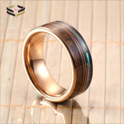 8mm Men Women Wedding Engagement Band with Rose Gold Guitar String Koa Wood and Abalone Shell Inlay Religious Type Other