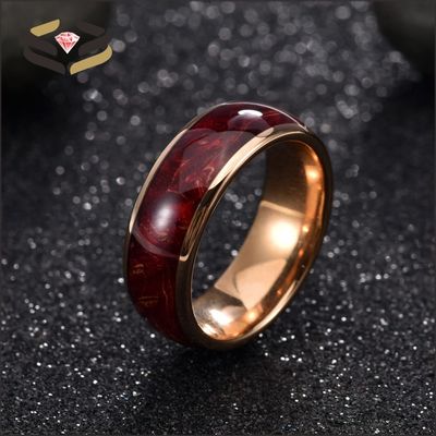 Rose Gold Men'S Tungsten Wedding Band Polished Round 8mm With Red Box Elder Inlay