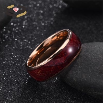 Rose Gold Men'S Tungsten Wedding Band Polished Round 8mm With Red Box Elder Inlay