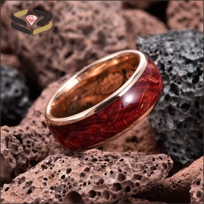 Rose Gold Men'S Tungsten Wedding Band Polished Round 8mm With Red Box Elder Inlay