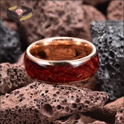 Rose Gold Men'S Tungsten Wedding Band Polished Round 8mm With Red Box Elder Inlay