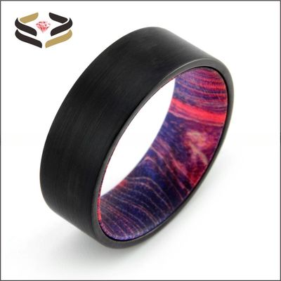 Third Party Appraisal 8mm Brushed Black Tungsten Ring with Red Purple Box Elder Liner Men's Wedding Band Flat Edges Comfort Fit