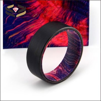 Third Party Appraisal 8mm Brushed Black Tungsten Ring with Red Purple Box Elder Liner Men's Wedding Band Flat Edges Comfort Fit