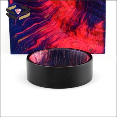 Third Party Appraisal 8mm Brushed Black Tungsten Ring with Red Purple Box Elder Liner Men's Wedding Band Flat Edges Comfort Fit