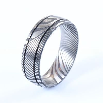 Men Black Damascus Steel Ring 8mm Double Groove for Engagement Wedding