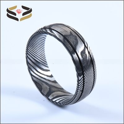 Men Black Damascus Steel Ring 8mm Double Groove for Engagement Wedding