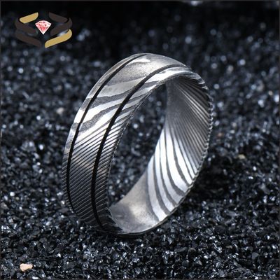 Men Black Damascus Steel Ring 8mm Double Groove for Engagement Wedding